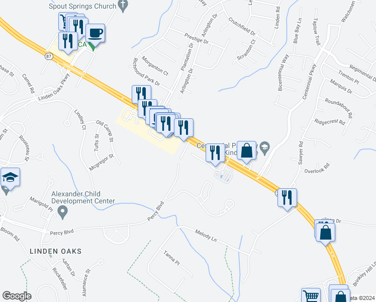 map of restaurants, bars, coffee shops, grocery stores, and more near 234 Brandywood Court in Cameron