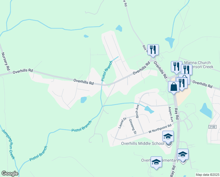 map of restaurants, bars, coffee shops, grocery stores, and more near 7441 Overhills Road in Spring Lake