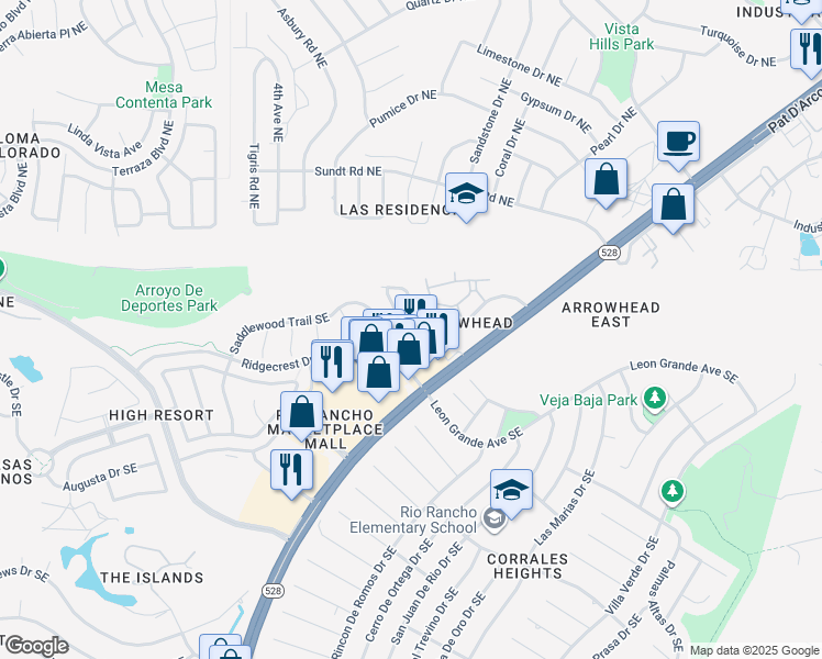 map of restaurants, bars, coffee shops, grocery stores, and more near 100 Latigo Trail Southeast in Rio Rancho