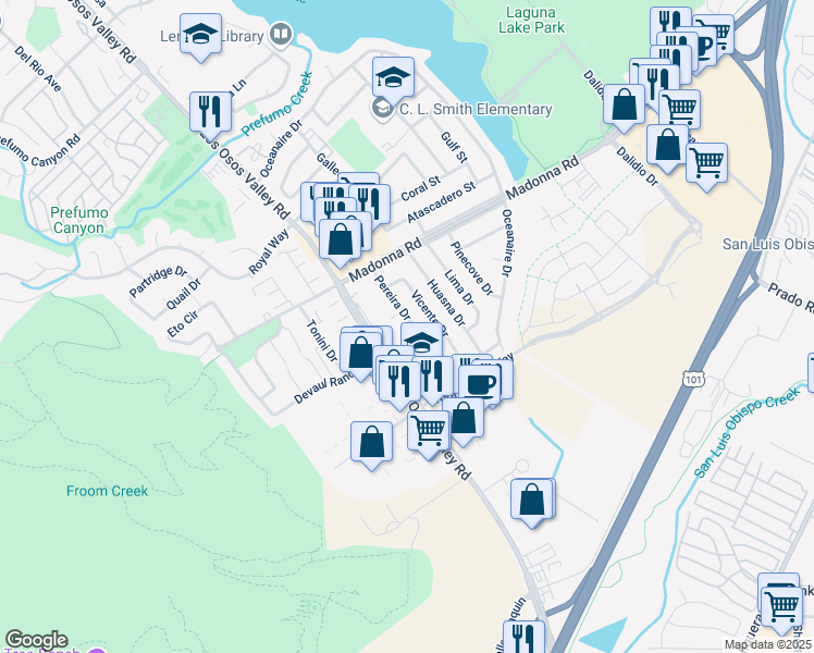 map of restaurants, bars, coffee shops, grocery stores, and more near 1809 Pereira Drive in San Luis Obispo