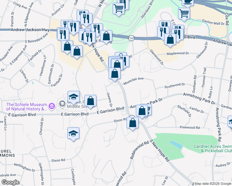 map of restaurants, bars, coffee shops, grocery stores, and more near 615 South New Hope Road in Gastonia