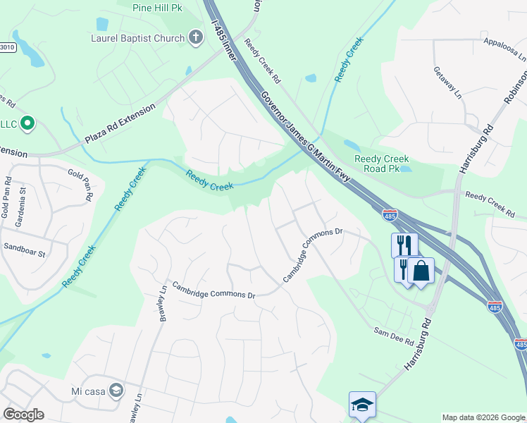 map of restaurants, bars, coffee shops, grocery stores, and more near 8724 Kirkley Glen Lane in Charlotte