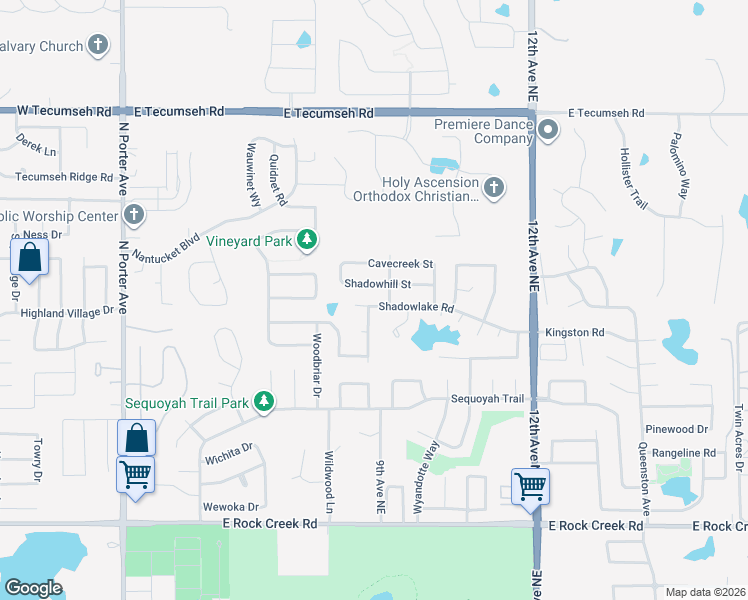 map of restaurants, bars, coffee shops, grocery stores, and more near 701 Shadowhill Street in Norman