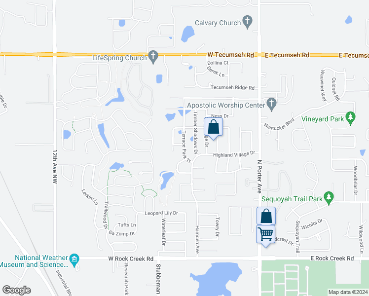 map of restaurants, bars, coffee shops, grocery stores, and more near 3212 Terrace Park Tr in Norman