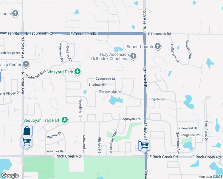 map of restaurants, bars, coffee shops, grocery stores, and more near 909 Shadowlake Road in Norman