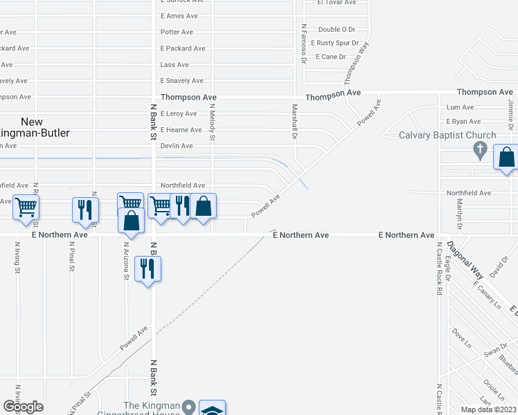 map of restaurants, bars, coffee shops, grocery stores, and more near 3188 Neal Avenue in Kingman