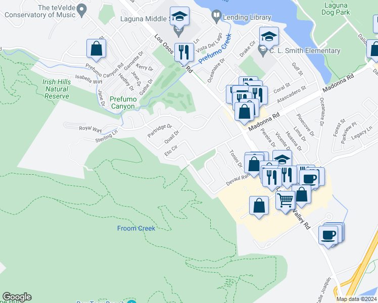 map of restaurants, bars, coffee shops, grocery stores, and more near 1587 Eto Circle in San Luis Obispo