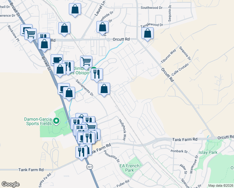 map of restaurants, bars, coffee shops, grocery stores, and more near 3584 Bullock Ln in San Luis Obispo