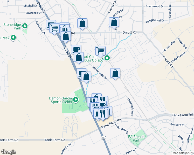 map of restaurants, bars, coffee shops, grocery stores, and more near 3591 Sacramento Drive in San Luis Obispo