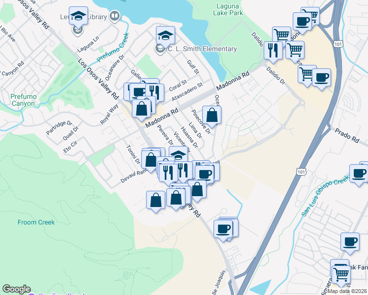 map of restaurants, bars, coffee shops, grocery stores, and more near 1807 Huasna Drive in San Luis Obispo