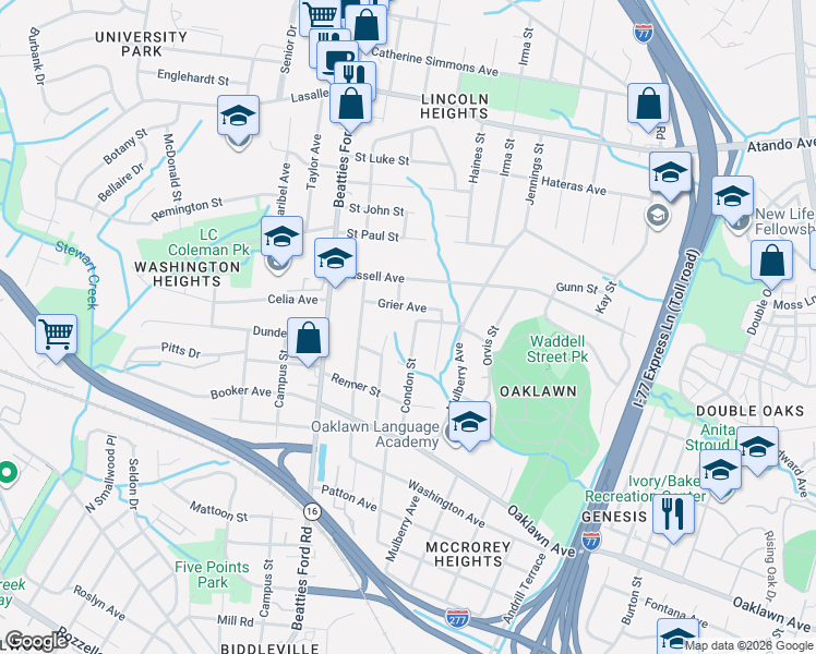 map of restaurants, bars, coffee shops, grocery stores, and more near 2002 Grier Avenue in Charlotte