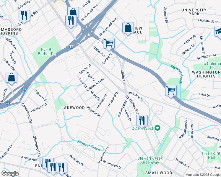 map of restaurants, bars, coffee shops, grocery stores, and more near 3241 Rozzelles Ferry Road in Charlotte