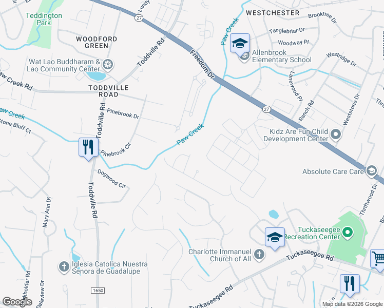 map of restaurants, bars, coffee shops, grocery stores, and more near 2104 Cranberry Woods Court in Charlotte