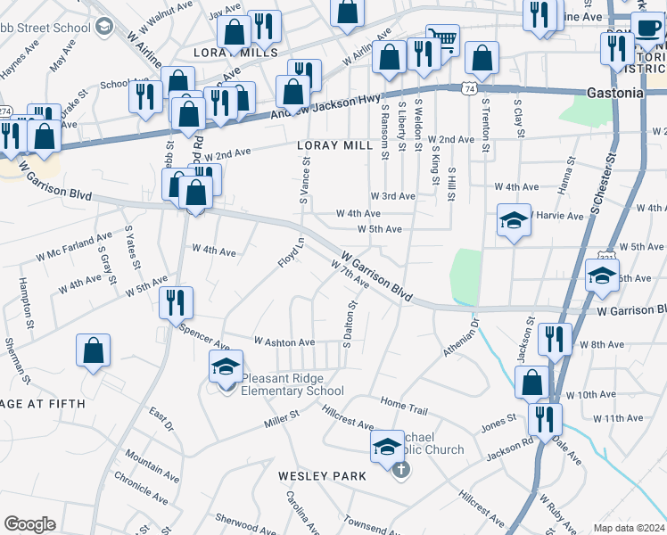 map of restaurants, bars, coffee shops, grocery stores, and more near 1115 West 7th Avenue in Gastonia