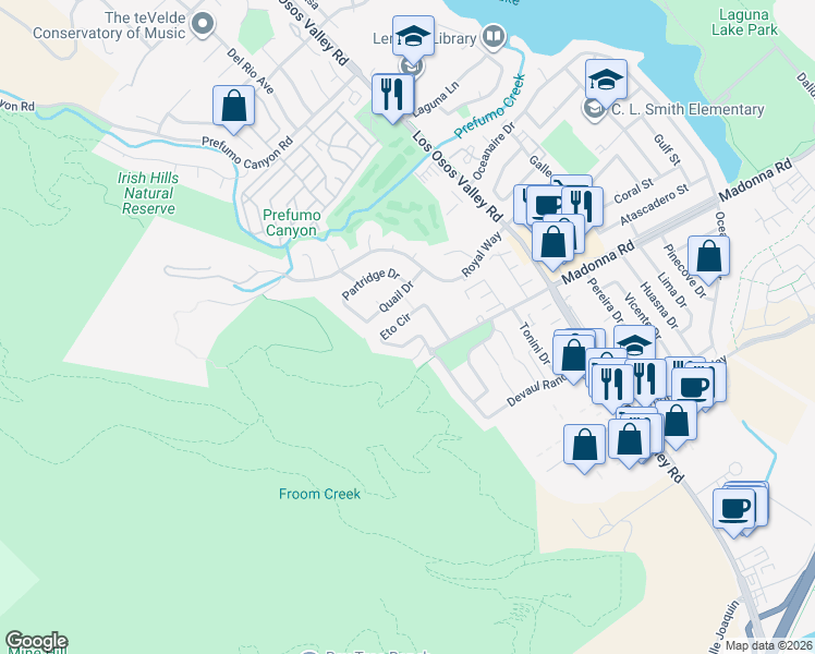 map of restaurants, bars, coffee shops, grocery stores, and more near 1555 Eto Circle in San Luis Obispo