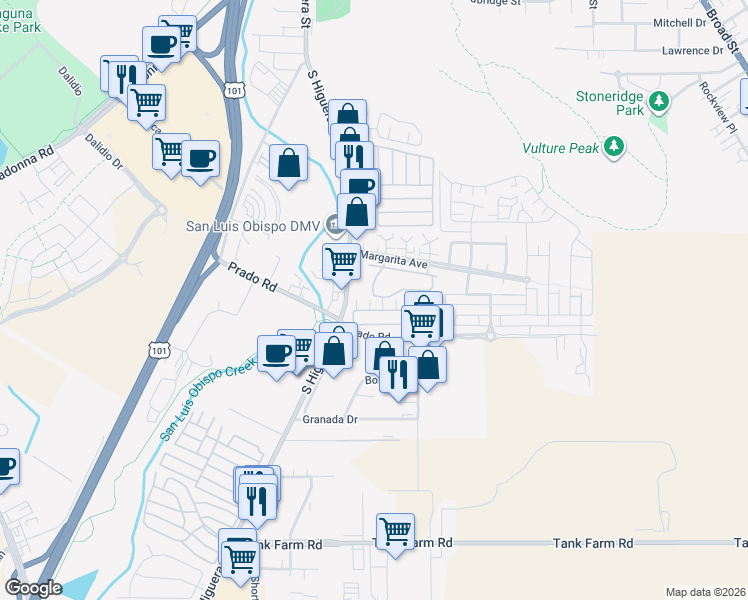 map of restaurants, bars, coffee shops, grocery stores, and more near 3395 South Higuera Street in San Luis Obispo