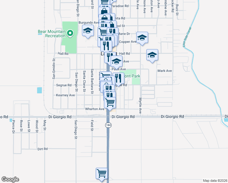 map of restaurants, bars, coffee shops, grocery stores, and more near 10901 Main Street in Lamont