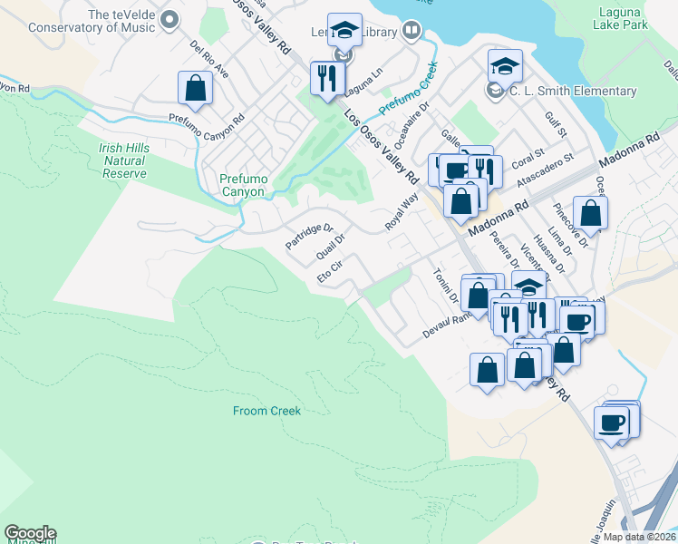 map of restaurants, bars, coffee shops, grocery stores, and more near 1555 Eto Circle in San Luis Obispo