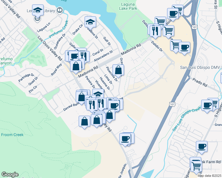 map of restaurants, bars, coffee shops, grocery stores, and more near 1892 Huasna Drive in San Luis Obispo