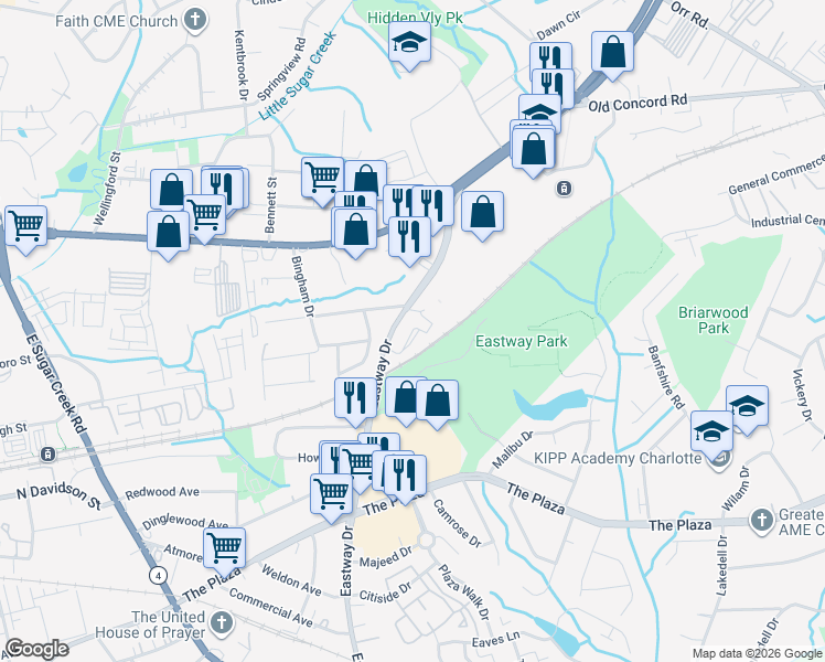 map of restaurants, bars, coffee shops, grocery stores, and more near 301 Eastway Drive in Charlotte