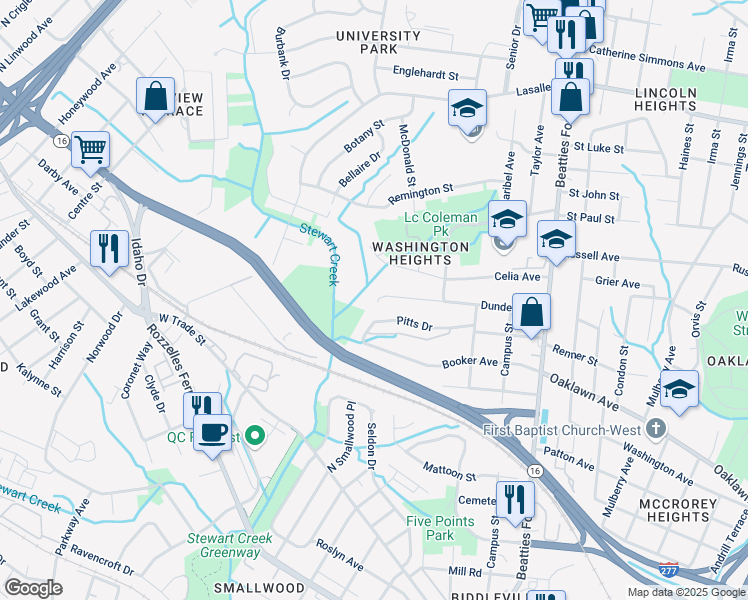 map of restaurants, bars, coffee shops, grocery stores, and more near 2732 Dundeen Street in Charlotte