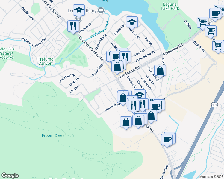 map of restaurants, bars, coffee shops, grocery stores, and more near 1688 Tonini Drive in San Luis Obispo