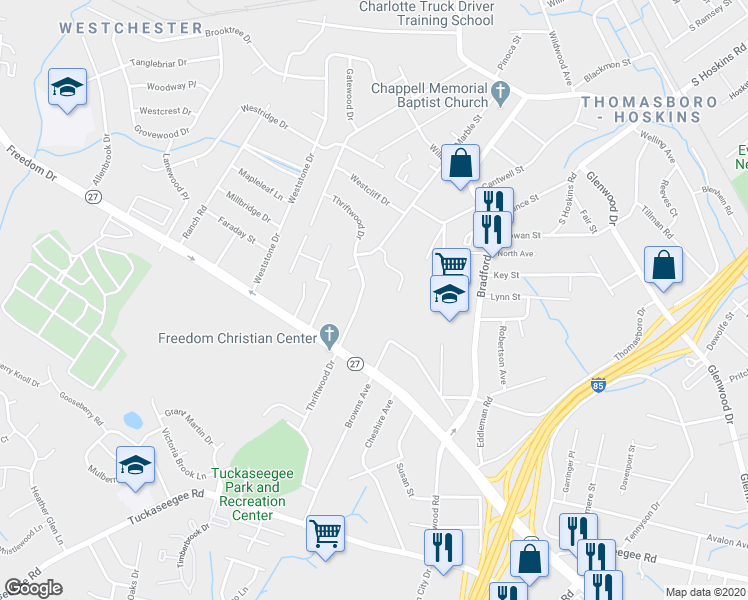 map of restaurants, bars, coffee shops, grocery stores, and more near 1537 Thriftwood Drive in Charlotte