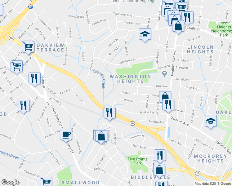 map of restaurants, bars, coffee shops, grocery stores, and more near in Charlotte