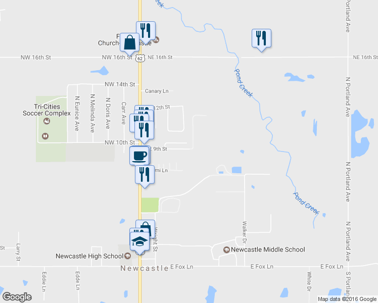 map of restaurants, bars, coffee shops, grocery stores, and more near 302 Northeast 9th Street in Newcastle