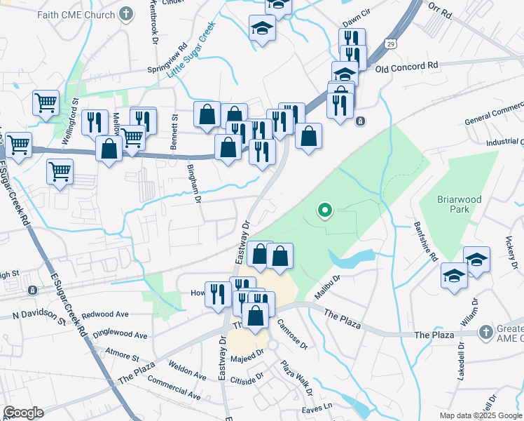 map of restaurants, bars, coffee shops, grocery stores, and more near 301 Eastway Drive in Charlotte