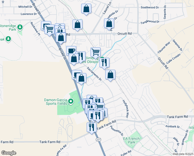 map of restaurants, bars, coffee shops, grocery stores, and more near 3591 Sacramento Drive in San Luis Obispo