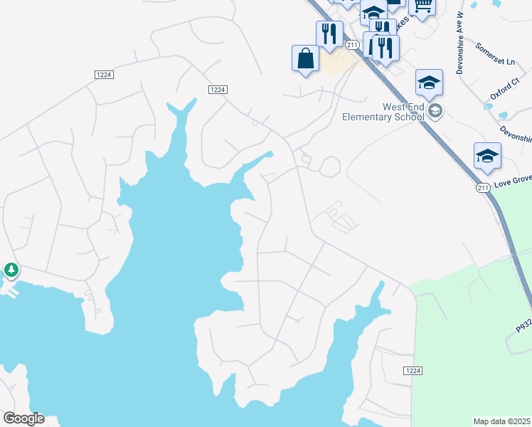 map of restaurants, bars, coffee shops, grocery stores, and more near Otter Drive in Seven Lakes