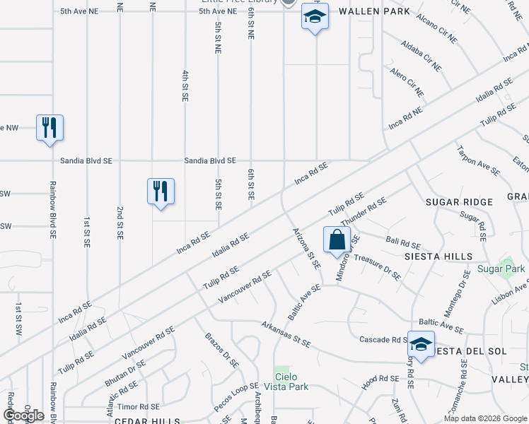 map of restaurants, bars, coffee shops, grocery stores, and more near 612 Inca Road Southeast in Rio Rancho