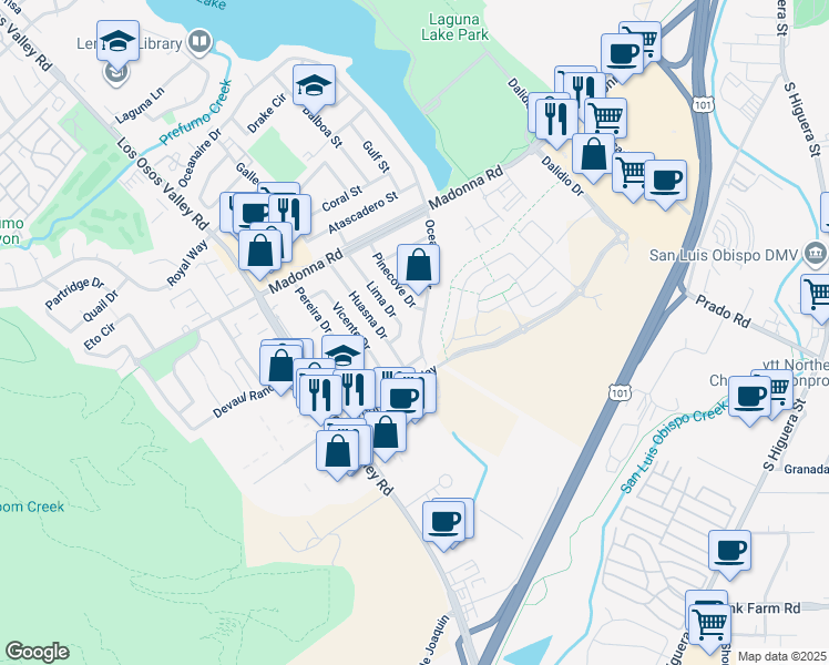 map of restaurants, bars, coffee shops, grocery stores, and more near 1945 Oceanaire Drive in San Luis Obispo