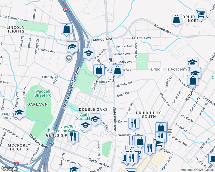 map of restaurants, bars, coffee shops, grocery stores, and more near 3246 Moss Lane in Charlotte