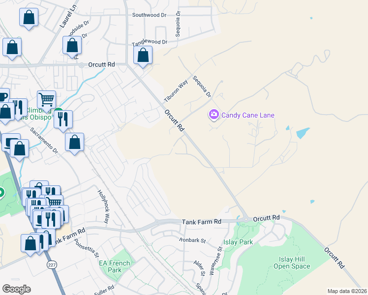 map of restaurants, bars, coffee shops, grocery stores, and more near 4055 Box Spring Road in San Luis Obispo