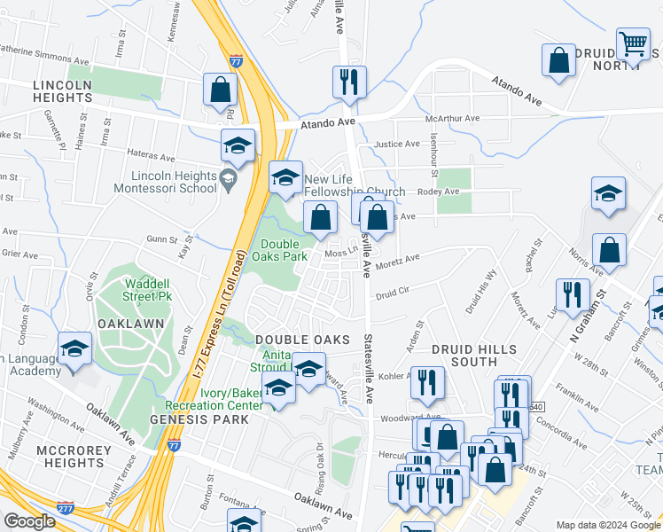 map of restaurants, bars, coffee shops, grocery stores, and more near 1718 Pat Garrett Street in Charlotte