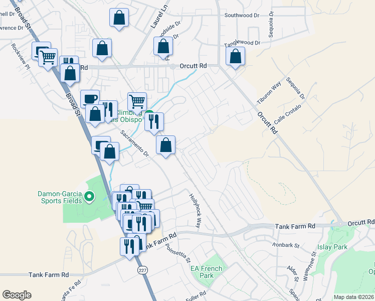 map of restaurants, bars, coffee shops, grocery stores, and more near 3584 Bullock Ln in San Luis Obispo
