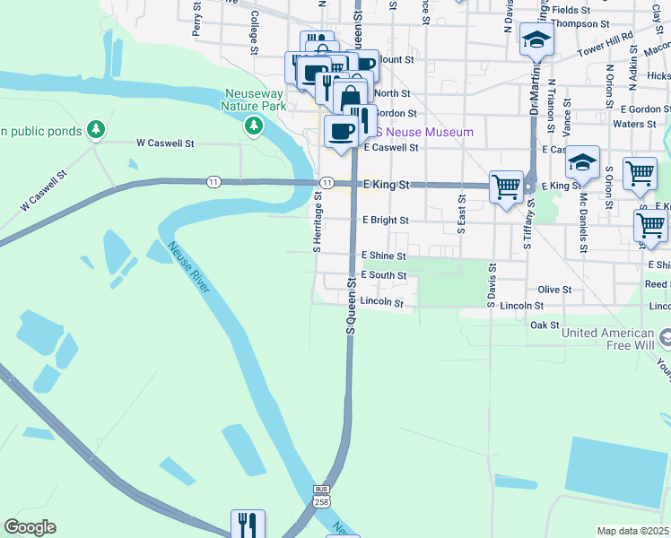 map of restaurants, bars, coffee shops, grocery stores, and more near 401 South Queen Street in Kinston