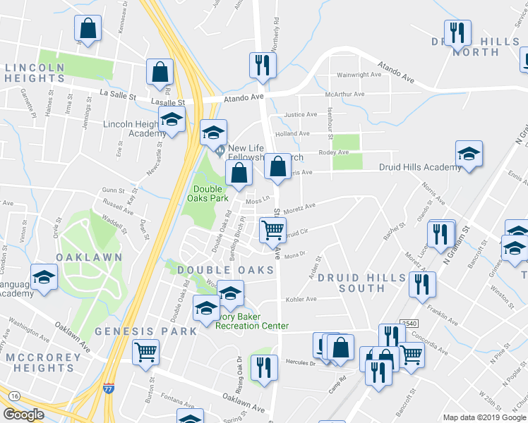 map of restaurants, bars, coffee shops, grocery stores, and more near 3246 Moss Lane in Charlotte