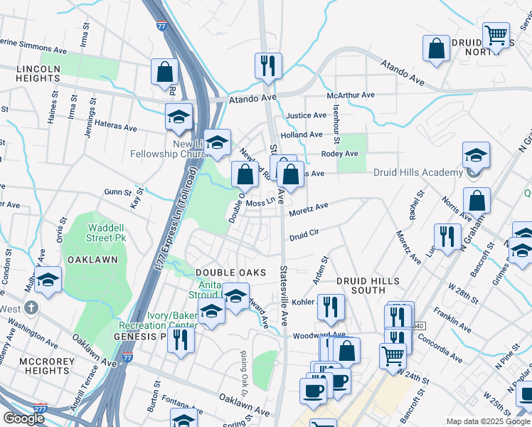 map of restaurants, bars, coffee shops, grocery stores, and more near 3246 Moss Lane in Charlotte