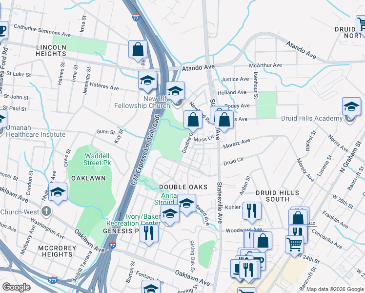 map of restaurants, bars, coffee shops, grocery stores, and more near 2527 Double Oaks Road in Charlotte