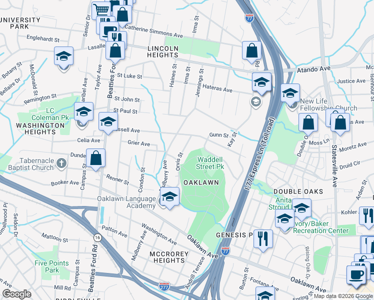 map of restaurants, bars, coffee shops, grocery stores, and more near 1434 Orvis Street in Charlotte