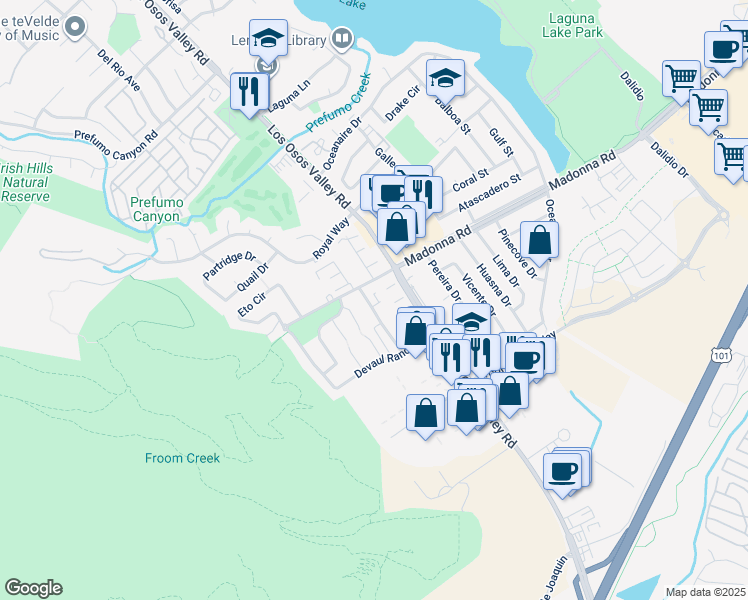map of restaurants, bars, coffee shops, grocery stores, and more near 1630 Tonini Drive in San Luis Obispo