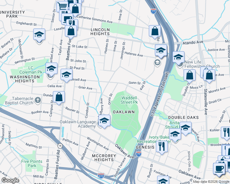 map of restaurants, bars, coffee shops, grocery stores, and more near 1434 Orvis Street in Charlotte