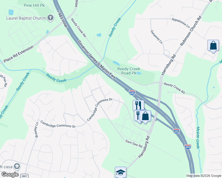 map of restaurants, bars, coffee shops, grocery stores, and more near 8201 Upsall Court in Charlotte
