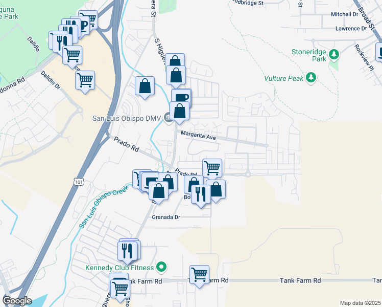 map of restaurants, bars, coffee shops, grocery stores, and more near 3292 Via Ensenada in San Luis Obispo