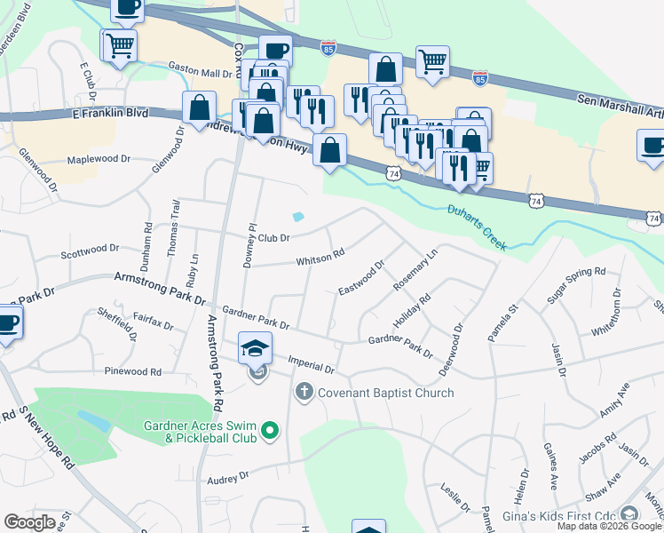 map of restaurants, bars, coffee shops, grocery stores, and more near 3100 Whitson Road in Gastonia
