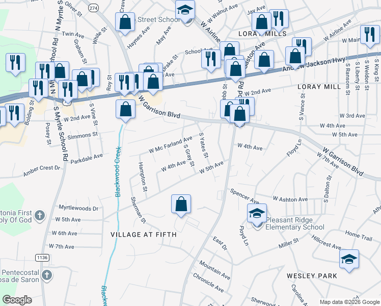 map of restaurants, bars, coffee shops, grocery stores, and more near 412 South Gray Street in Gastonia