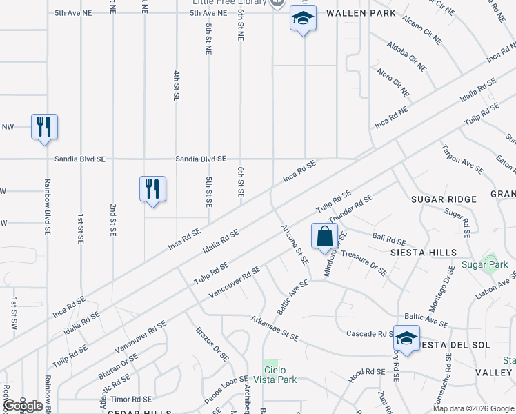 map of restaurants, bars, coffee shops, grocery stores, and more near 612 Inca Road Southeast in Rio Rancho